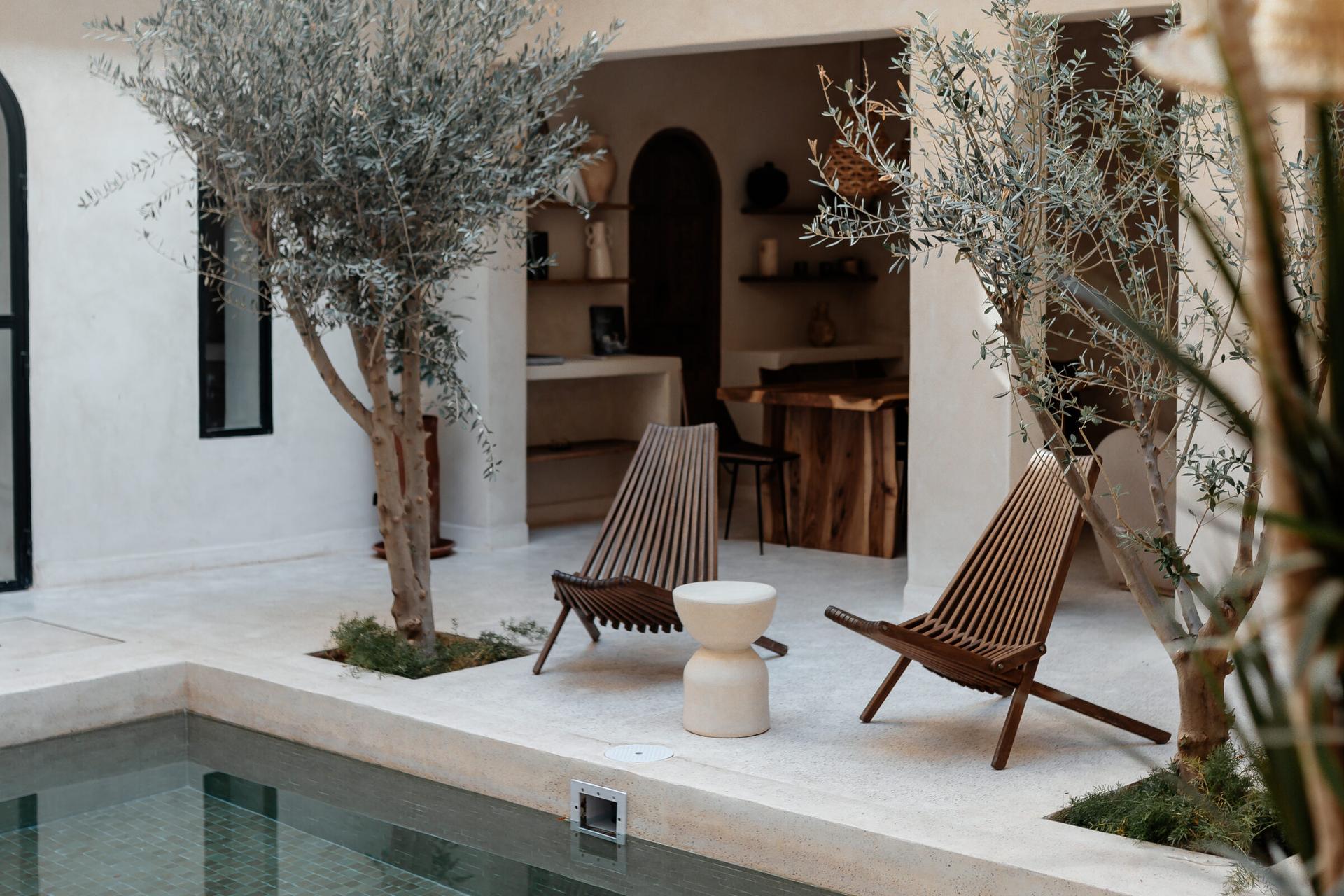 Le patio du Riad Roca, son bassin et ses oliviers